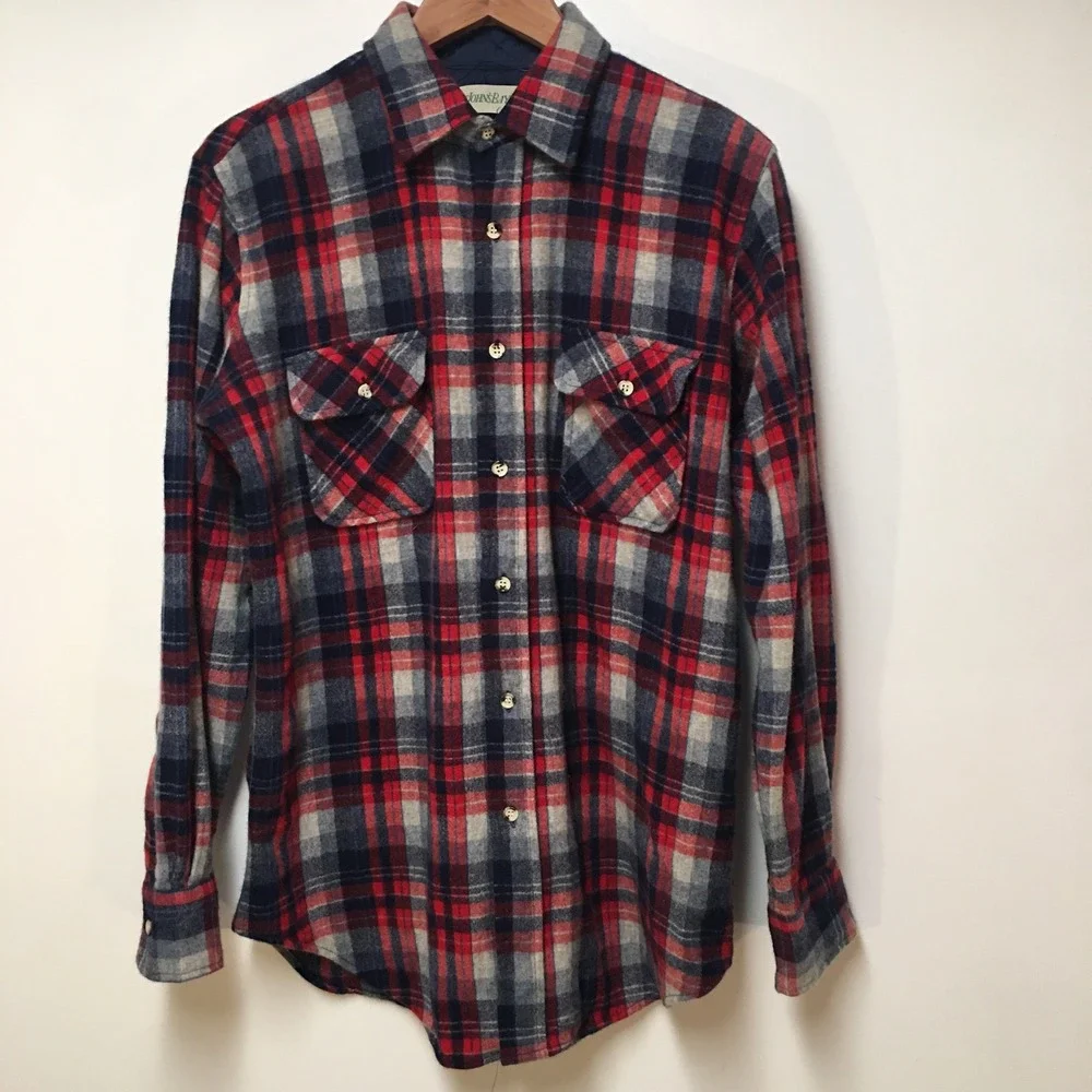 St John's Bay 100% Wool Shirt Mens Large Tall Red Blue Plaid Vintage Long Sleeve - Picture 1 of 12